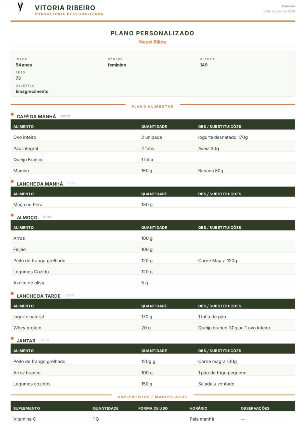 PDF de plano alimentar gerado pelo MontaPlano